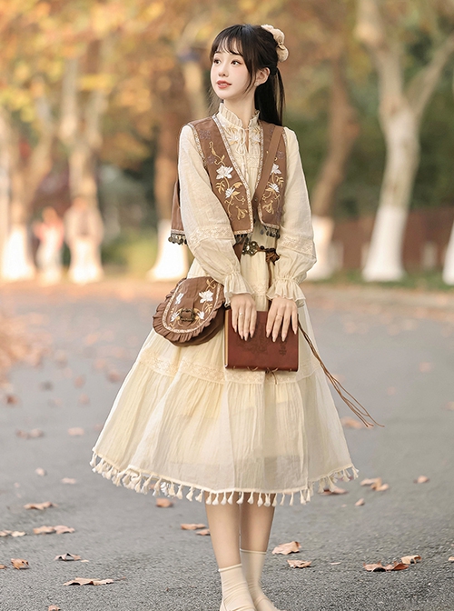 Windy Desert Series Chinese Style Kawaii Fashion Improved Han Elements Embroidered Vest National Long Sleeve Dress