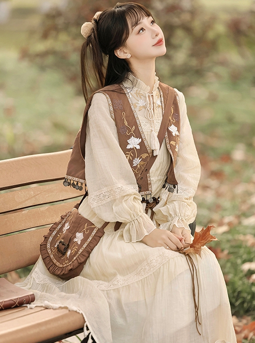 Windy Desert Series Chinese Style Kawaii Fashion Improved Han Elements Embroidered Vest National Long Sleeve Dress