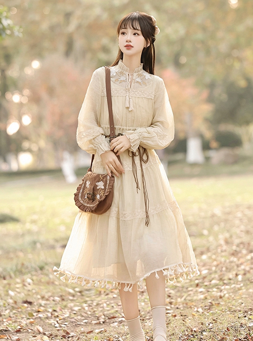 Windy Desert Series Chinese Style Kawaii Fashion Improved Han Elements Embroidered Vest National Long Sleeve Dress