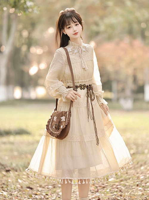 Windy Desert Series Chinese Style Kawaii Fashion Improved Han Elements Embroidered Vest National Long Sleeve Dress