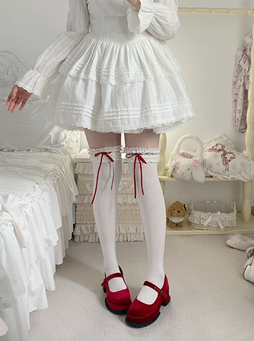 Gentle Ballet Style Japanese Style Sweet Lolita Soft Lace Ruff Ribbon Bowknot Cotton Knee High Socks