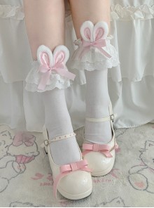 Cute Soft Girl Sweet Lolita Lace Ruff Ribbon Bowknot Cotton Plush Rabbit Ear Mid Short Socks