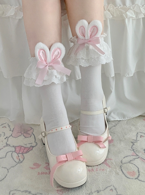 Cute Soft Girl Sweet Lolita Lace Ruff Ribbon Bowknot Cotton Plush Rabbit Ear Mid Short Socks