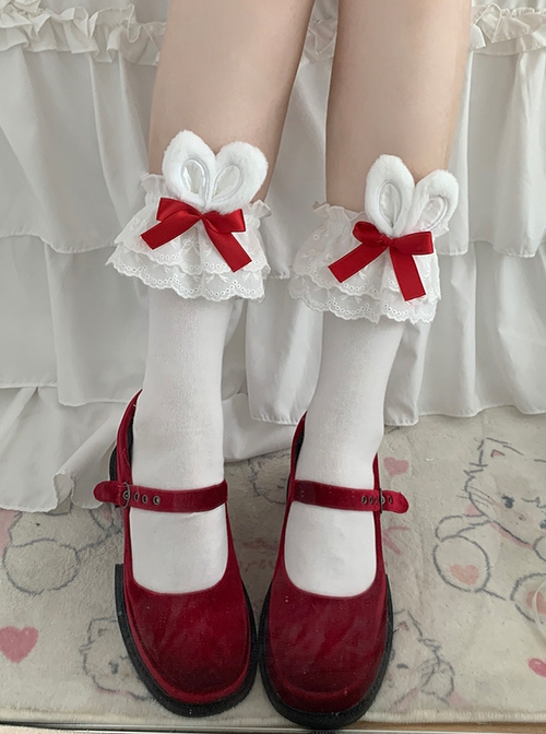 Cute Soft Girl Sweet Lolita Lace Ruff Ribbon Bowknot Cotton Plush Rabbit Ear Mid Short Socks