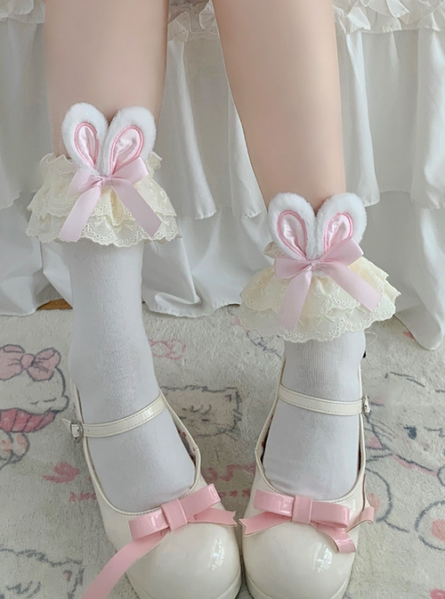 Cute Soft Girl Sweet Lolita Lace Ruff Ribbon Bowknot Cotton Plush Rabbit Ear Mid Short Socks