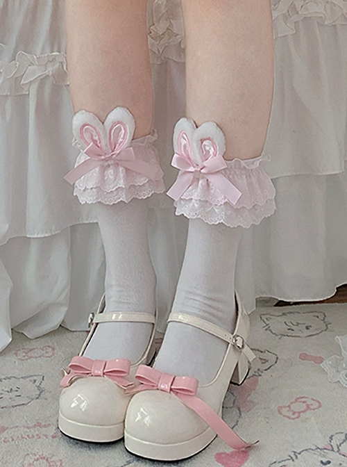 Cute Soft Girl Sweet Lolita Lace Ruff Ribbon Bowknot Cotton Plush Rabbit Ear Mid Short Socks