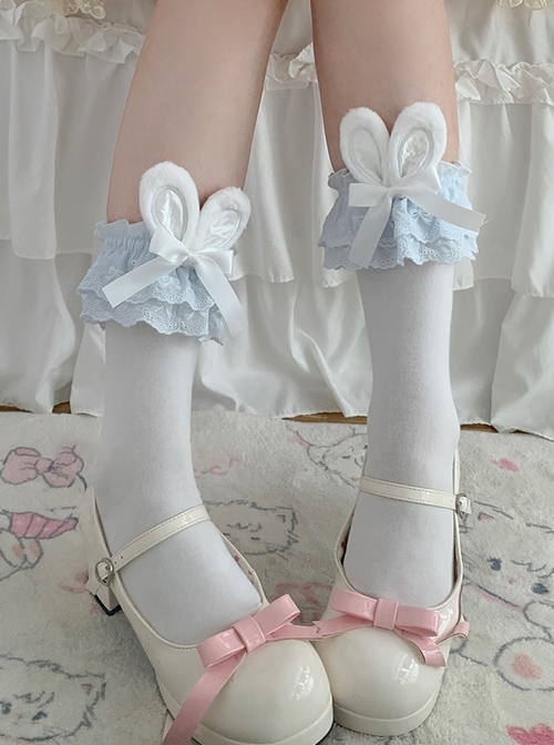 Cute Soft Girl Sweet Lolita Lace Ruff Ribbon Bowknot Cotton Plush Rabbit Ear Mid Short Socks