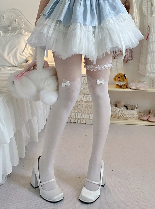 Summer Thin Quadratic Element Sweet Lolita Cute Kitty Print Fake Two Piece Knee Socks Pantyhose