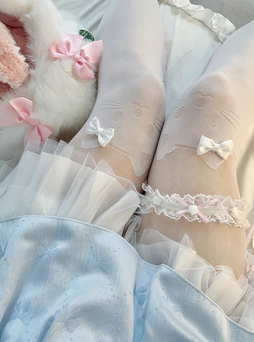 Summer Thin Quadratic Element Sweet Lolita Cute Kitty Print Fake Two Piece Knee Socks Pantyhose