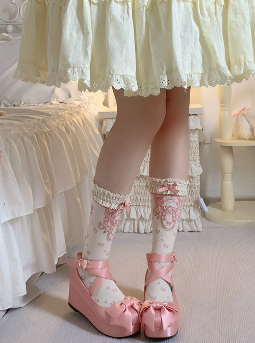 Summer Exquisite Sweet Lolita Bowknot Flower Print Four Petals Lace Soft Cotton Short Socks