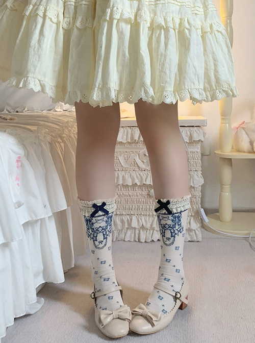 Summer Exquisite Sweet Lolita Bowknot Flower Print Four Petals Lace Soft Cotton Short Socks