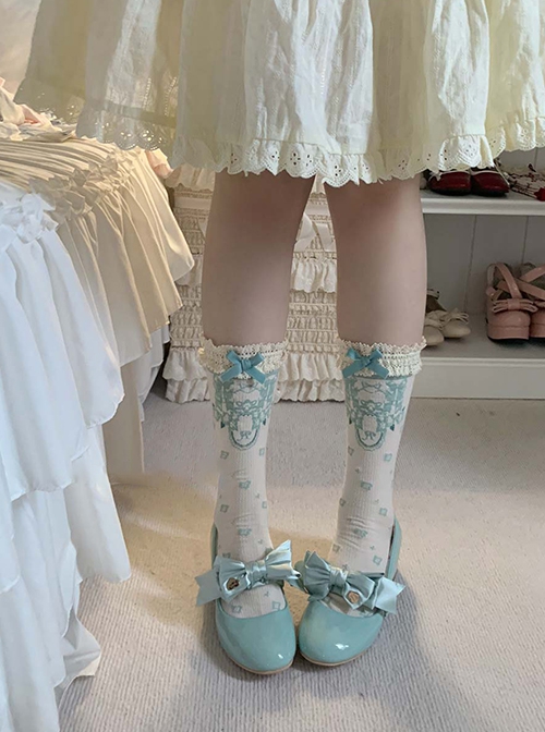 Summer Exquisite Sweet Lolita Bowknot Flower Print Four Petals Lace Soft Cotton Short Socks