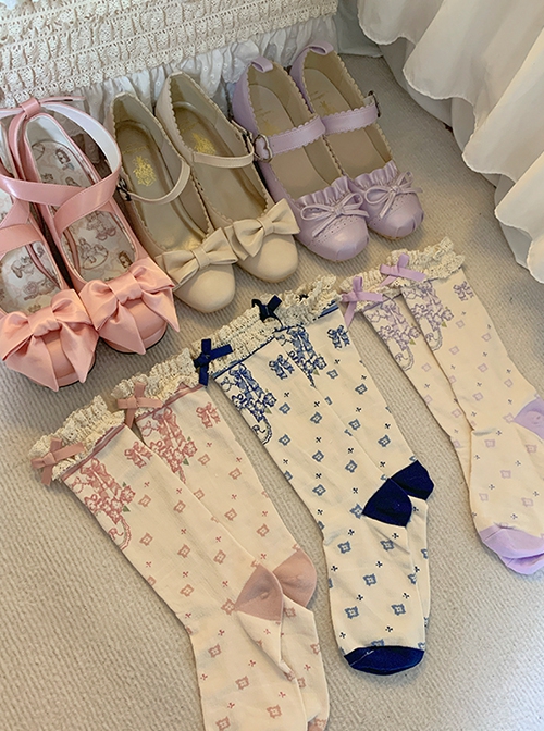 Summer Exquisite Sweet Lolita Bowknot Flower Print Four Petals Lace Soft Cotton Short Socks