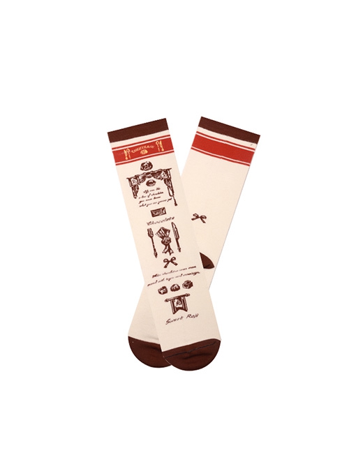 Afternoon Cocoa Exquisite Sweet Lolita British Style Chocolate European Print Cotton Middle Tube Socks