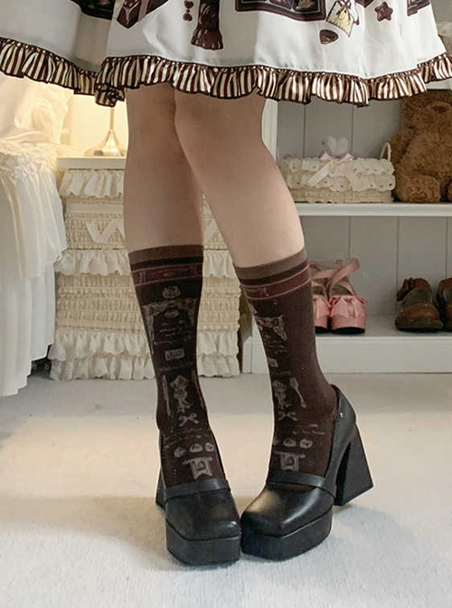 Afternoon Cocoa Exquisite Sweet Lolita British Style Chocolate European Print Cotton Middle Tube Socks