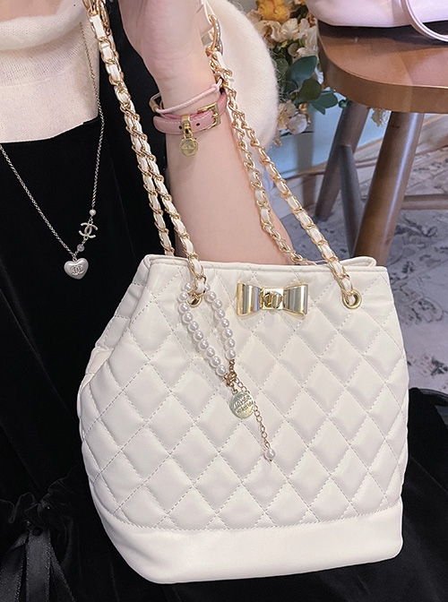 Sweet Kawaii Fashion Elegant Versatile Princess Style Bowknot Diamond Pattern Bucket Bag