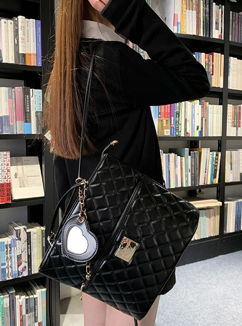 Spades Traveler Series Commuting Black Elegant Cute Preppy Patent Leather Rhombus Backpack Shoulder Bag