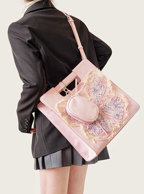 Sweet Pink Contrasting Color Unique Tie-Dyed Tassel Butterfly Large Capacity Kawaii Fashion Crossbody Bag