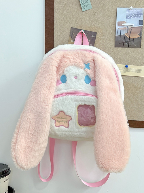 Japanese Style Plush Big Ear Puppy Embroidery Doll Transparent Pocket Kawaii Fashion Backpack