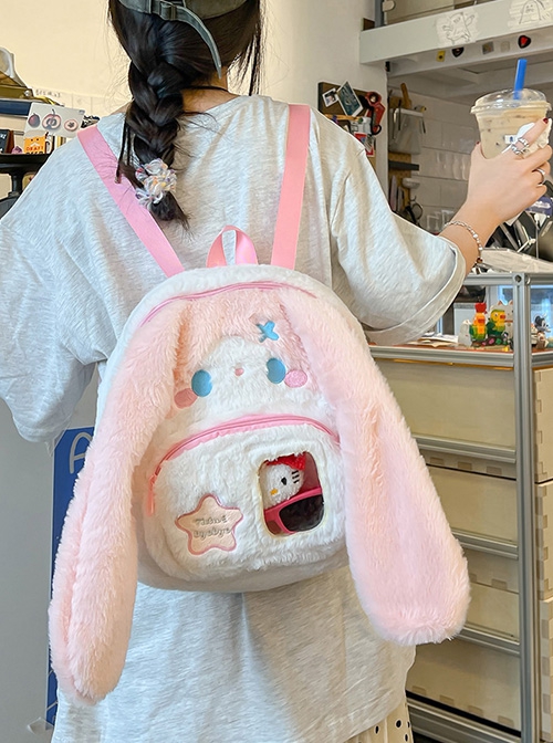 Japanese Style Plush Big Ear Puppy Embroidery Doll Transparent Pocket Kawaii Fashion Backpack