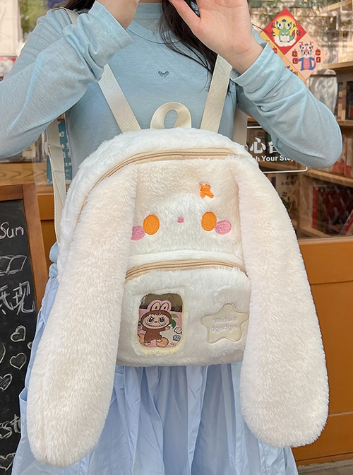 Japanese Style Plush Big Ear Puppy Embroidery Doll Transparent Pocket Kawaii Fashion Backpack