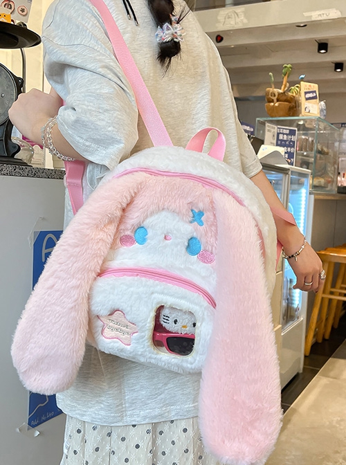 Japanese Style Plush Big Ear Puppy Embroidery Doll Transparent Pocket Kawaii Fashion Backpack