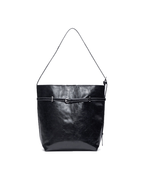 Minimalist Casual Black Unique Waxed Leather Large Capacity Kawaii Fashion Daily Versatile Handbag