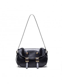 Artistic Retro Style Black Wax Leather Metal Buckle Decoration Kawaii Fashion Daily Versatile Crossbody Bag