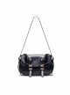 Artistic Retro Style Black Wax Leather Metal Buckle Decoration Kawaii Fashion Daily Versatile Crossbody Bag