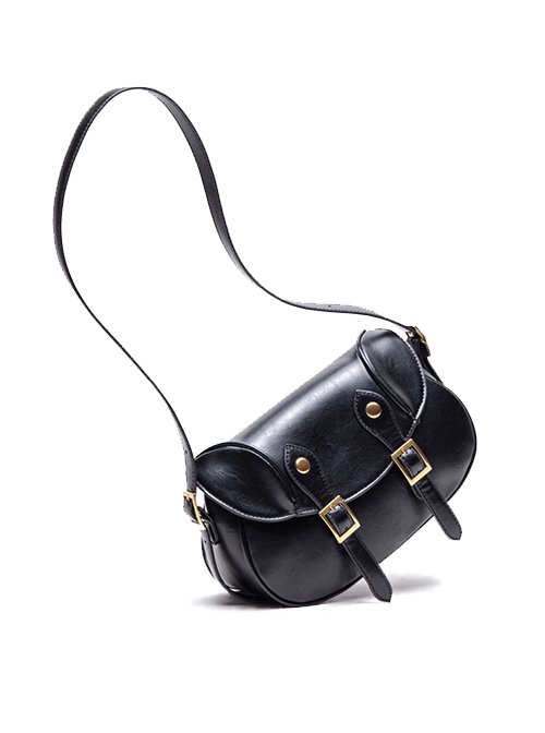 Artistic Retro Style Black Wax Leather Metal Buckle Decoration Kawaii Fashion Daily Versatile Crossbody Bag