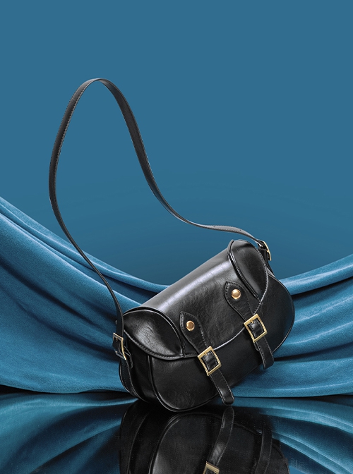 Artistic Retro Style Black Wax Leather Metal Buckle Decoration Kawaii Fashion Daily Versatile Crossbody Bag