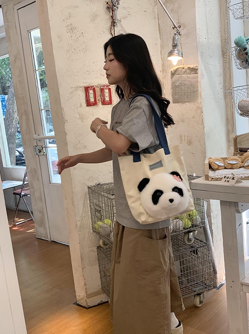 Fashion Corduroy Cute Daily Kawaii Fashion Giant Panda One Shoulder Large Capacity Tote Bag