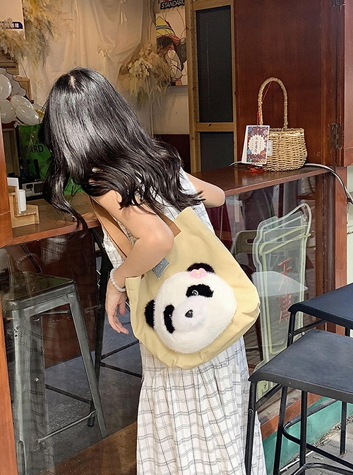 Fashion Corduroy Cute Daily Kawaii Fashion Giant Panda One Shoulder Large Capacity Tote Bag