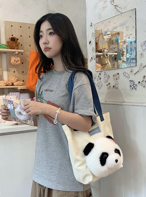 Fashion Corduroy Cute Daily Kawaii Fashion Giant Panda One Shoulder Large Capacity Tote Bag