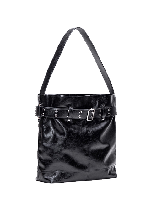 Casual Daily Black Soft PU Leather Large Capacity Metal Rivet Decoration Kawaii Fashion Tote Bag