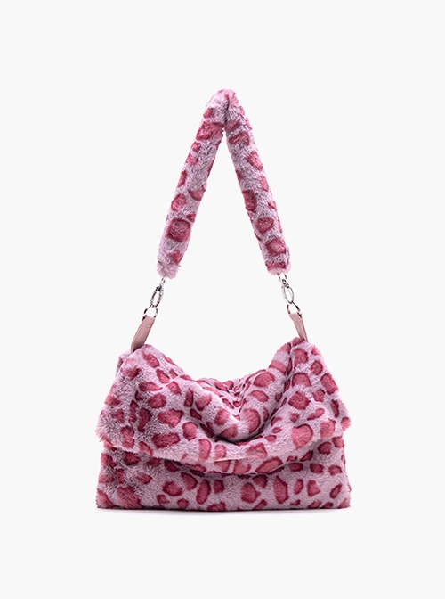 Sweet Daily Pink Leopard Print Soft Plush Simple Large Capacity Kawaii Fashion Flip Cover Crossbody Bag