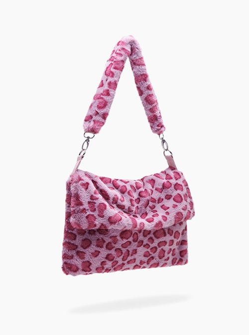 Sweet Daily Pink Leopard Print Soft Plush Simple Large Capacity Kawaii Fashion Flip Cover Crossbody Bag