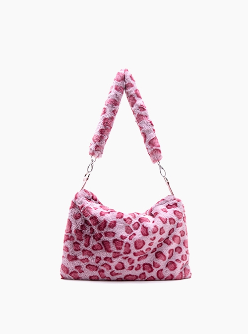 Sweet Daily Pink Leopard Print Soft Plush Simple Large Capacity Kawaii Fashion Flip Cover Crossbody Bag