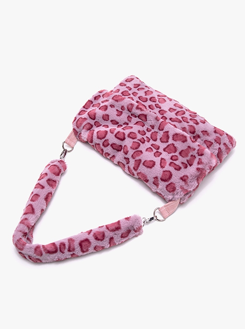 Sweet Daily Pink Leopard Print Soft Plush Simple Large Capacity Kawaii Fashion Flip Cover Crossbody Bag