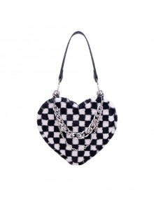 Unique Black White Checkerboard Design Soft Plush Metal Chain Decoration Heart Shape Kawaii Fashion Bag