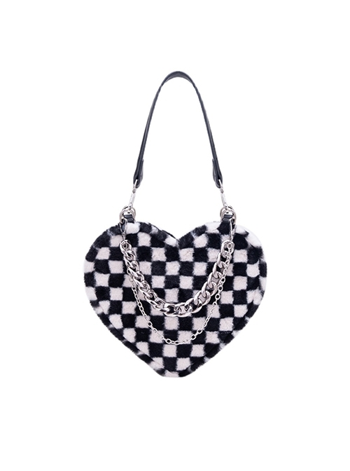 Unique Black White Checkerboard Design Soft Plush Metal Chain Decoration Heart Shape Kawaii Fashion Bag