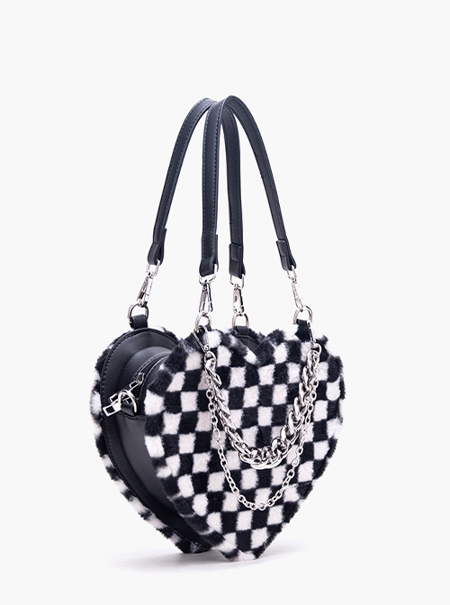 Unique Black White Checkerboard Design Soft Plush Metal Chain Decoration Heart Shape Kawaii Fashion Bag