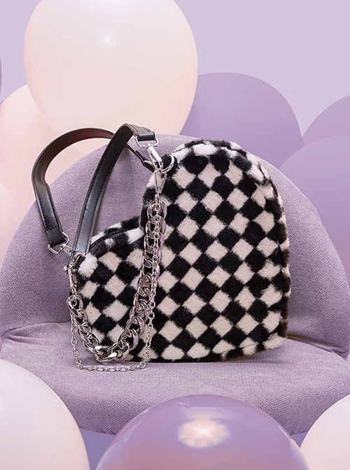 Unique Black White Checkerboard Design Soft Plush Metal Chain Decoration Heart Shape Kawaii Fashion Bag