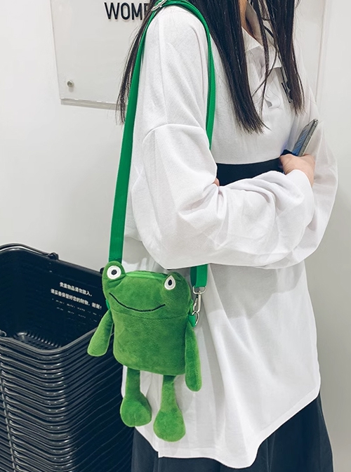 Childlike Cute Green Little Frog Smiling Bubble Eyes Kawaii Fashion Crossbody Soft Plush Bag