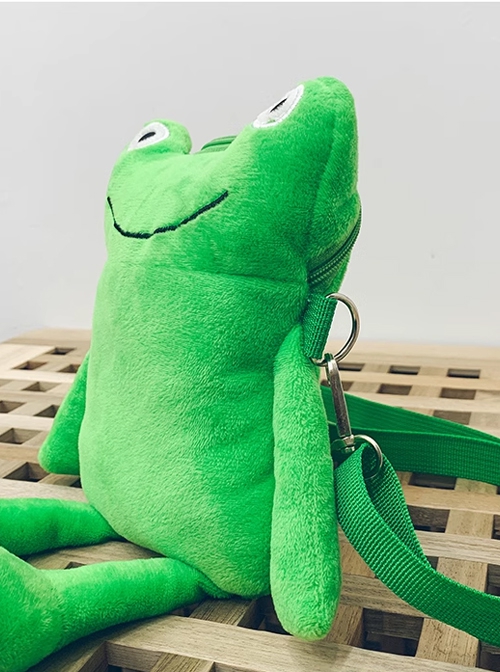 Childlike Cute Green Little Frog Smiling Bubble Eyes Kawaii Fashion Crossbody Soft Plush Bag