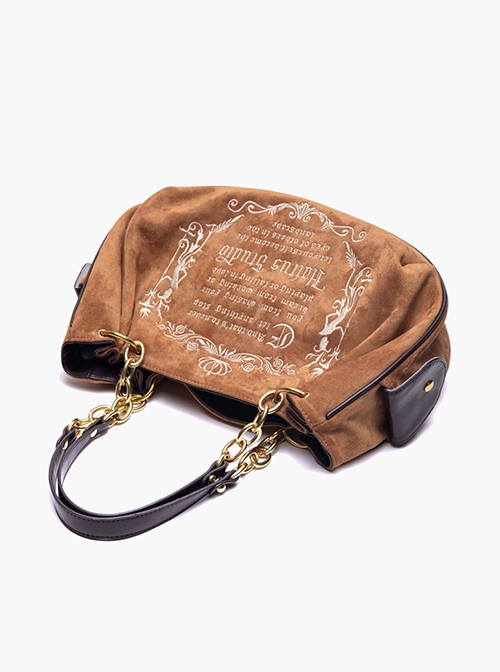 Retro Literary Gothic Letter Embroidery Unique Chain Decoration Soft Suede Fan Shaped Kawaii Fashion Bag