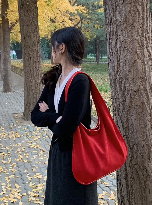 Daily Lazy Red Retro Suede Casual Versatile Large Capacity Kawaii Fashion Shoulder Bag