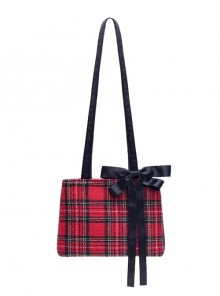 New Year's Red Plaid Sweet Ribbon Bow Daily Simple Woolen Kawaii Fashion Shoulder Bag