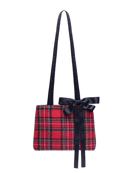 New Year's Red Plaid Sweet Ribbon Bow Daily Simple Woolen Kawaii Fashion Shoulder Bag