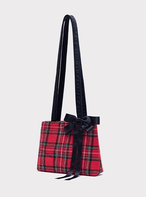 New Year's Red Plaid Sweet Ribbon Bow Daily Simple Woolen Kawaii Fashion Shoulder Bag